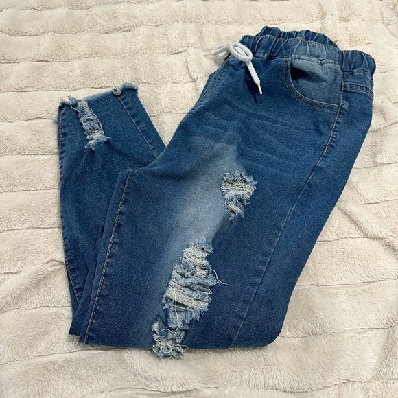 Drawstring Waist Ripped Raw cut skinny Jeans - Picture 1 of 4